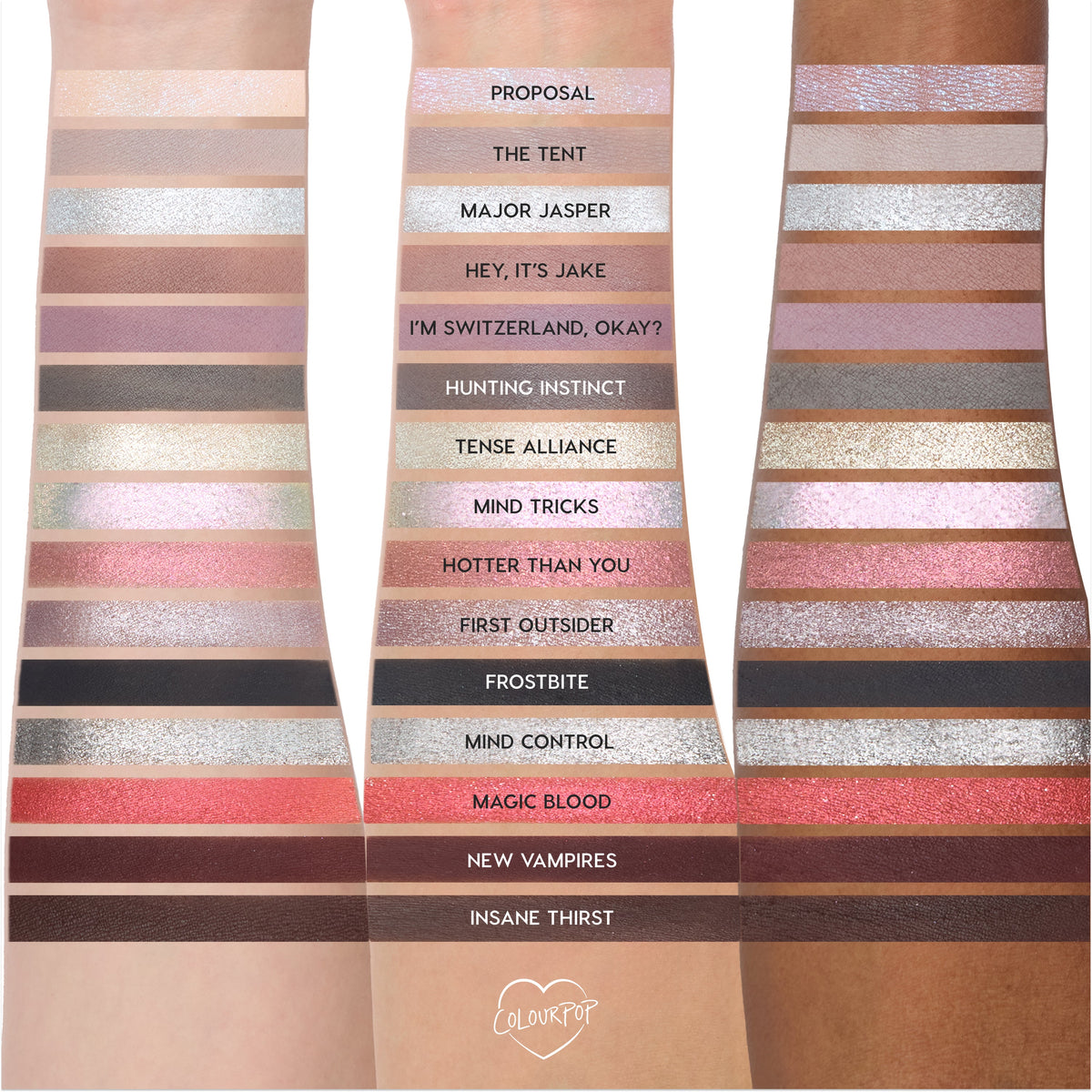 ColourPop Eternal Eclipse eye trio swatched on three skin tones, showing shimmery and matte Twilight-inspired shades like silver, taupe, rose gold, berry, and deep chocolate, arranged in labeled horizontal stripes down each arm.