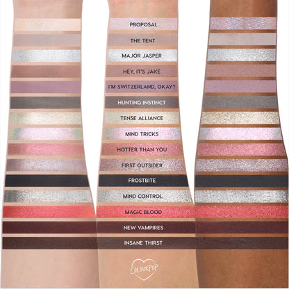 ColourPop Eternal Eclipse eye trio swatched on three skin tones, showing shimmery and matte Twilight-inspired shades like silver, taupe, rose gold, berry, and deep chocolate, arranged in labeled horizontal stripes down each arm.