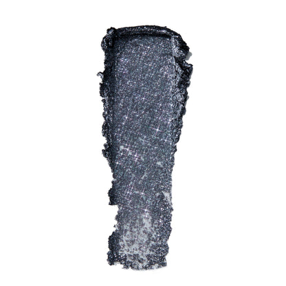Swatch of ColourPop Twilight collection Jelly Much Shadow in Newborn Army, a deep charcoal gray cream eyeshadow packed with silver and multicolor sparkle, shown in a single thick streak on a clean white background.