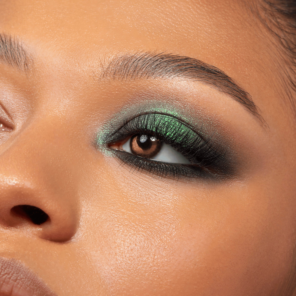 Smoky emerald eyeshadow sweeps across a brown eye with black liner and full lashes, showcasing metallic teal shimmer from the Twilight Shadow Palette, a ColourPop Shadow Palette, in a studio close-up with defined brow and warm skin.