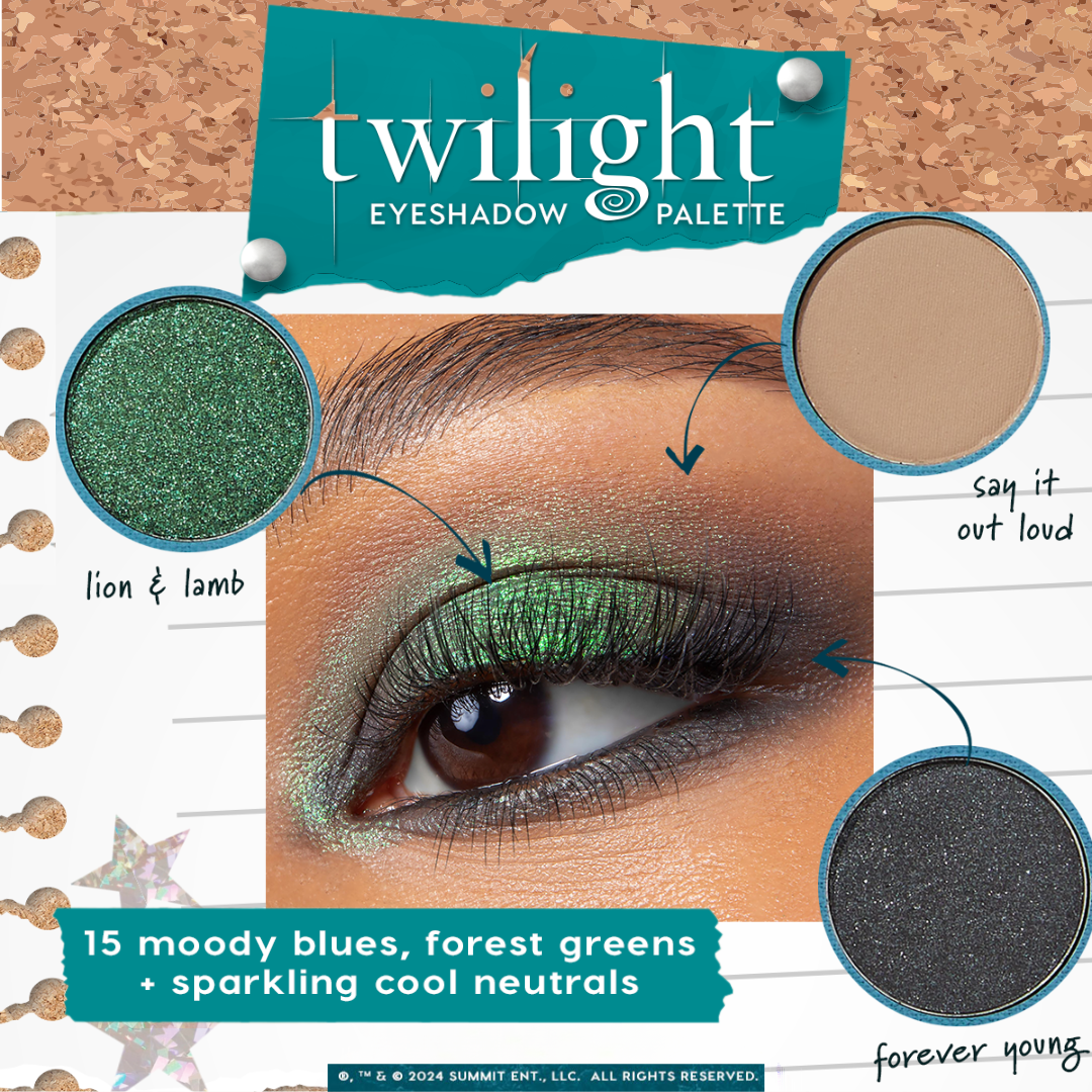 Shimmery emerald eye wears a gradient using the Twilight ColourPop Shadow Palette - Lion & Lamb, Say It Out Loud, and Forever Young - showcasing moody blues, forest greens, and sparkling cool neutrals against a scrapbook-style backdrop.