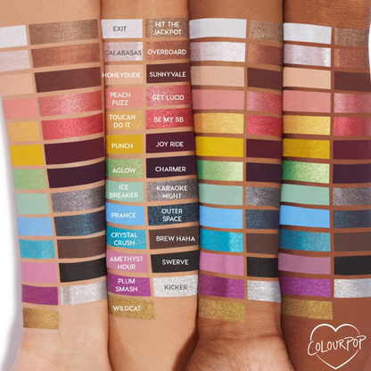 Charmer Crème Gel Liner swatch, a rich plum purple stripe, shown on diverse forearms alongside labeled shades to highlight color payoff and shade depth from the ColourPop Crème Gel Liner lineup.