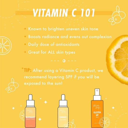 Bright Future Vitamin C Tonic promotional graphic showing Colourpop skincare serums on a sunny yellow background with sliced citrus, highlighting Vitamin C 101 benefits for all skin types and SPF layering tip for brighter, even-toned skin.