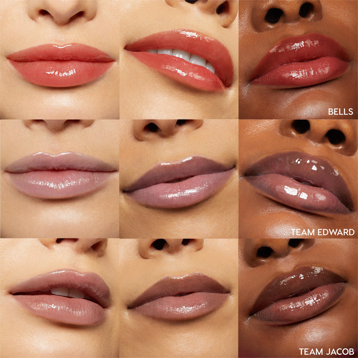 Glossy lips showcase three lip oil shades - Bells (warm red), Team Edward (cool mauve), and Team Jacob (deep cocoa) - applied across diverse skin tones in a 3x3 grid, highlighting shine from the Twilight x ColourPop Full Collection, a ColourPop Full Collection Set.