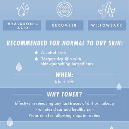 Waterfall Gentle Tonic ColourPop Face Toner showcasing hyaluronic acid, cucumber, and willow bark in a blue infographic, alcohol-free and recommended for normal to dry skin, used AM + PM to remove residue and prep skin.