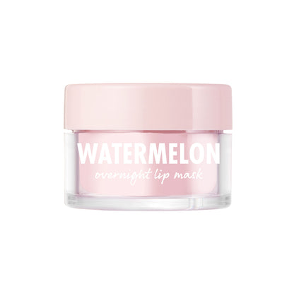 ColourPop Watermelon Lip Mask shown in a small clear glass jar with a pale pink lid, the light pink overnight formula labeled “WATERMELON” in white, sitting centered against a clean white background.