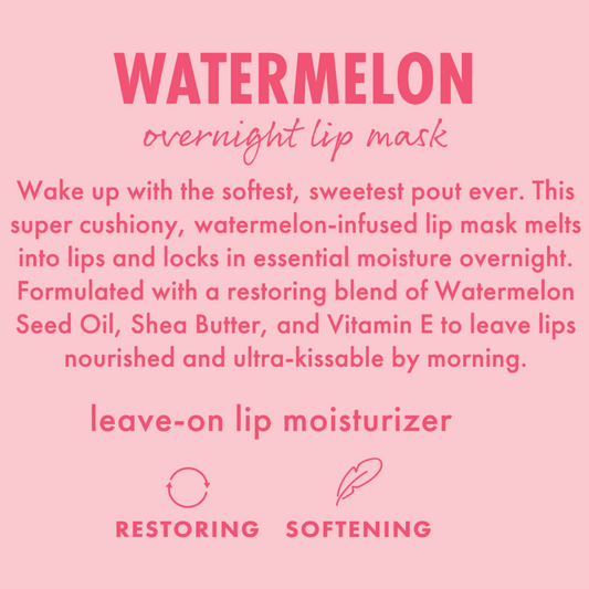 ColourPop Watermelon lip mask softening and restoring lips overnight with a leave-on, cushiony formula infused with Watermelon Seed Oil, Shea Butter, and Vitamin E; pink infographic background with icons highlighting restoring and softening benefits.
