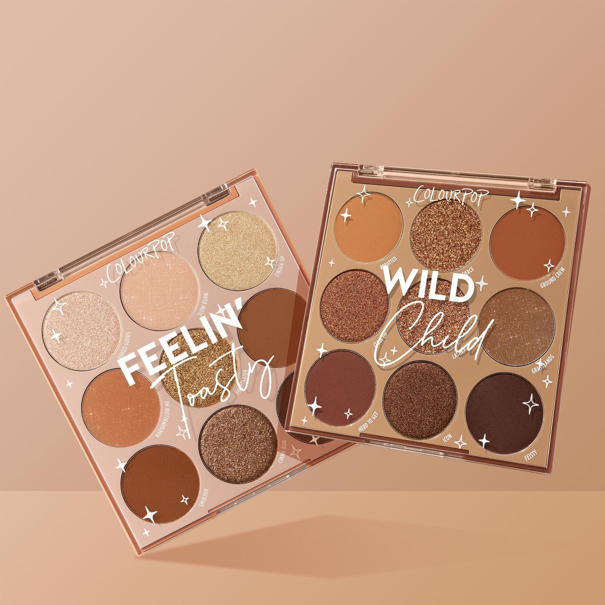 Two ColourPop 9-pan eyeshadow palettes - Feelin’ Toasty and Wild Child - fan open to reveal warm brown and bronze mattes and shimmers on a tan backdrop; Feelin Wild Shadow Palette Set, a ColourPop Shadow Palette Set for neutral glam looks.