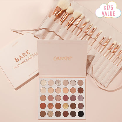 Doin’ the Most ColourPop Shadow Palette & Brush Set featuring the Bare Necessities 30‑pan neutral palette open with matte and shimmer nudes to deep browns, paired with a blush brush roll of white, rose‑gold brushes on a soft pink background with $175 value badge.