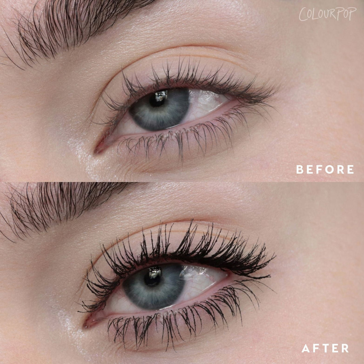 Lashes transforming - after frame shows longer, thicker, jet‑black lashes versus natural before - achieved with ColourPop BFF Mascara in Black on Black, illustrating dramatic length, volume, and curl in a close-up eye comparison.