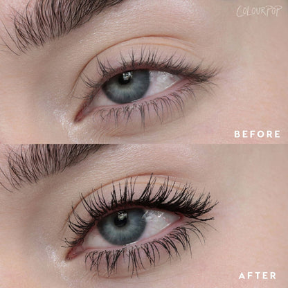 Lashes transforming - after frame shows longer, thicker, jet‑black lashes versus natural before - achieved with ColourPop BFF Mascara in Black on Black, illustrating dramatic length, volume, and curl in a close-up eye comparison.