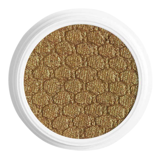 ColourPop Moonwalk Super Shock Shadow displaying a shimmery olive-gold, green-shift duochrome pan with a honeycomb texture, set in an open white jar, shown top-down on a clean white background.