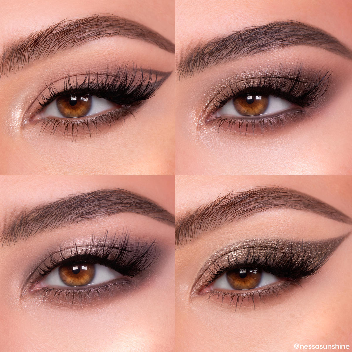 Four close-ups of brown eyes showcasing taupe smoky looks created with That’s Taupe ColourPop Shadow Palette; matte and shimmer neutrals blended with winged liner, glitter cut-crease, and inner-corner highlight, arranged in a clean quad collage.