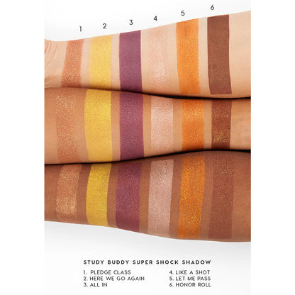 ColourPop Super Shock Shadow Pledge Class swatched as shade 1 - a warm copper shimmer - streaked beside five Study Buddy shades (Here We Go Again, All In, Like a Shot, Let Me Pass, Honor Roll) on three forearms to show payoff across skin tones.